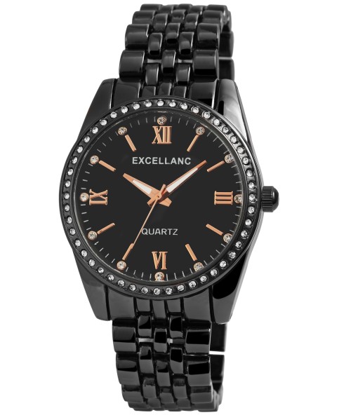 Excellanc women's watch with black link bracelet, Roman numerals, rhinestones