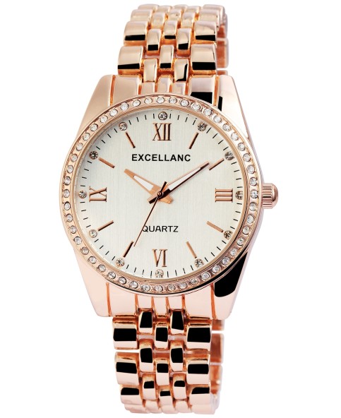 Excellanc women's watch with rose gold link bracelet, Roman numerals, rhinestones