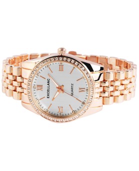Excellanc women's watch with rose gold link bracelet, Roman numerals, rhinestones