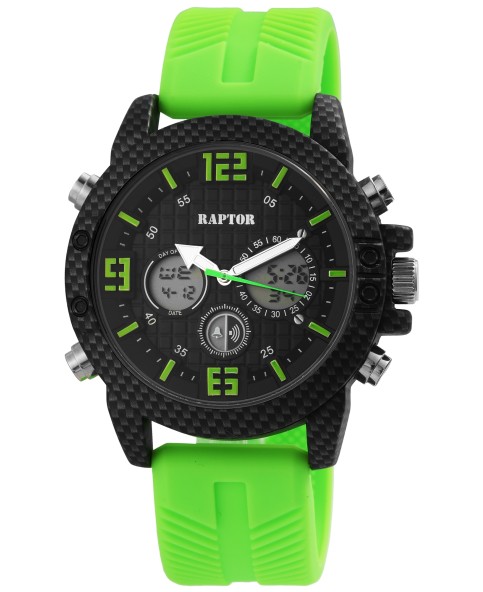 Raptor men's watch, analog and digital, with green rubber strap