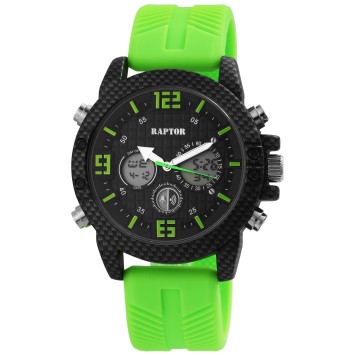 Męski zegarek Raptor, analogowy i cyfrowy, z zielonym gumowym paskiem