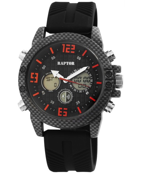 Raptor watch for men, analog and digital, with black rubber strap