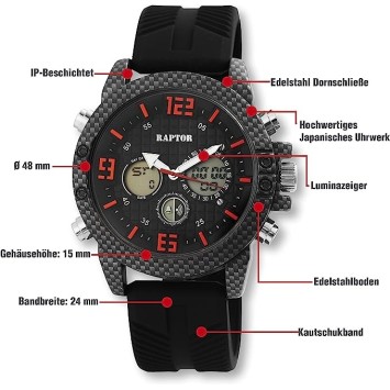 Raptor-Uhr für Herren, analog und digital, mit schwarzem Kautschukarmband RA20312-002 Raptor 49,95 €