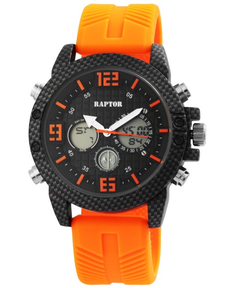 Reloj de hombre Raptor, analógico y digital, con correa de caucho naranja.