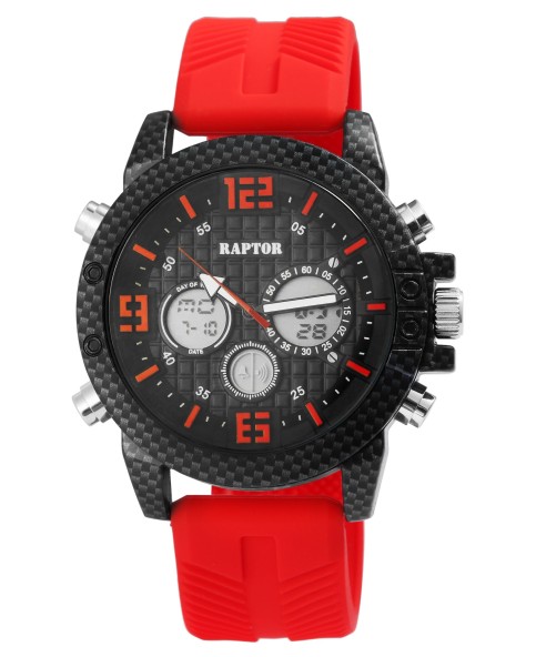 Reloj de hombre Raptor, analógico y digital, con correa de caucho roja.