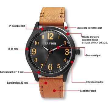 Raptor men's watch with tan genuine leather strap RA20292-004 Raptor Watches 49,95 €