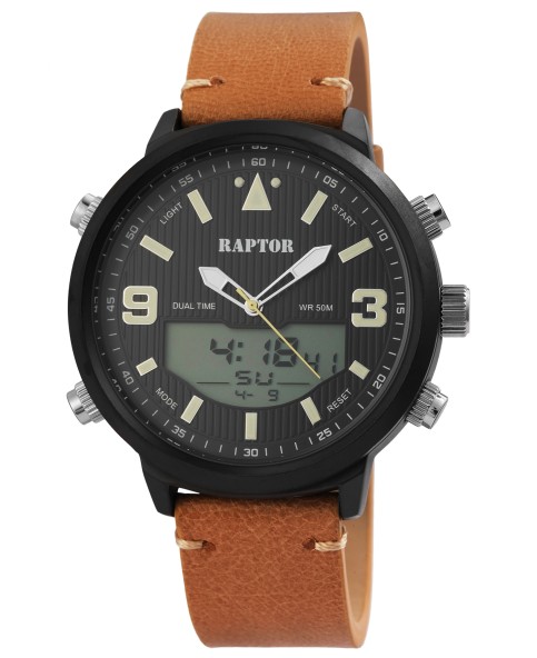 Męski zegarek Raptor z jasnobrązowym paskiem z prawdziwej skóry, wyświetlacz analogowo-cyfrowy