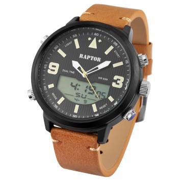 Montre Raptor RA20311-001 pour homme avec bracelet en cuir véritable marron clair, affichage analogique/numérique RA20311-001...