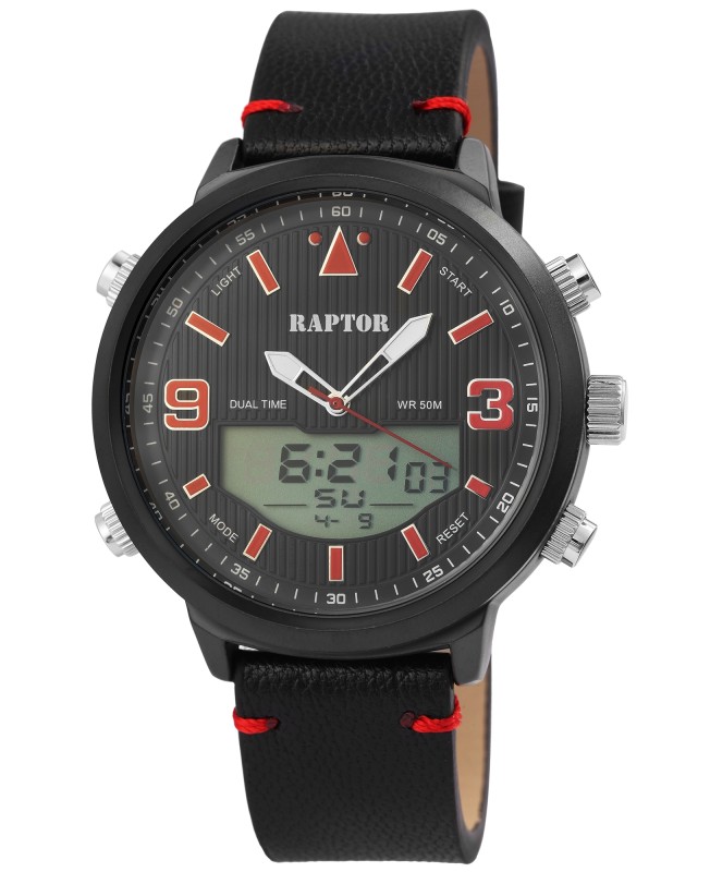 Męski zegarek Raptor z czarno-czerwonym paskiem z prawdziwej skóry, analogowo-cyfrowym wyświetlaczem