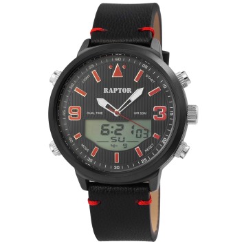 Montre Raptor RA20311-003 pour homme avec bracelet en cuir véritable noir et rouge, affichage analogique/numérique RA20311-00...
