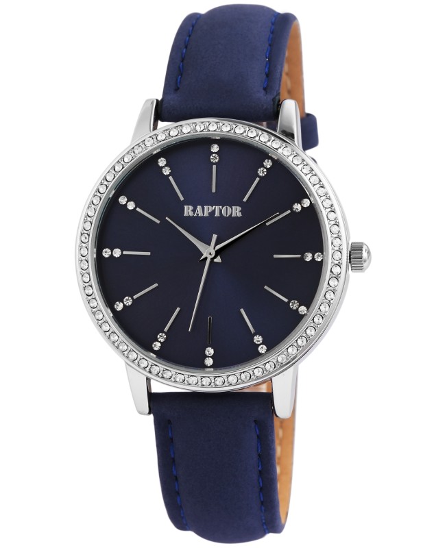 Damski zegarek Raptor z niebieskim paskiem z prawdziwej skóry i błyszczącymi kryształkami