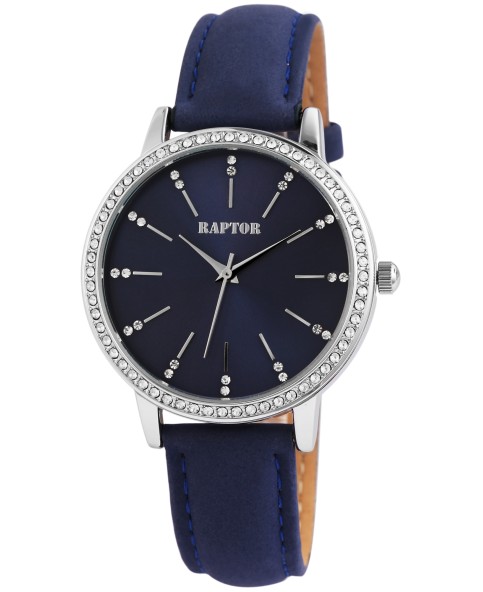 Reloj de mujer Raptor con correa de piel auténtica azul y pedrería brillante