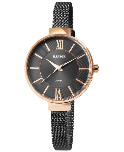 Raptor women's watch, anthracite stainless steel mesh bracelet, black and rose gold dial