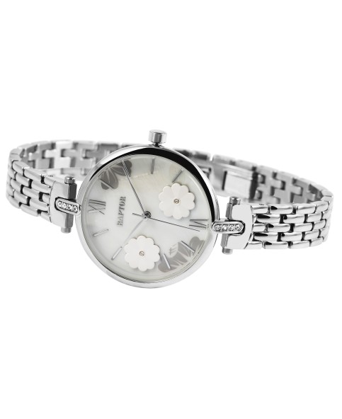 Raptor women's watch, stainless steel mesh bracelet, flower and rhinestone dial