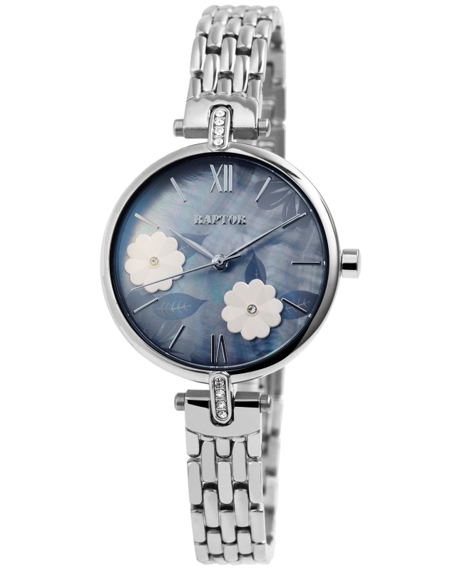 Montre Raptor Malva RA10204-002 pour femme, bracelet maille en acier inoxydable, cadran fleurs gris bleu et strass