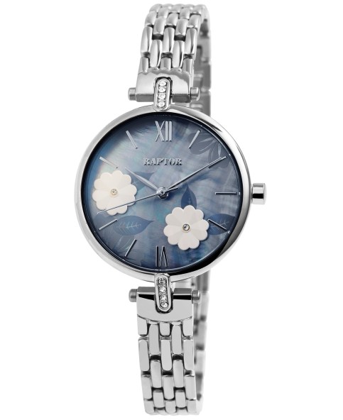 Montre Raptor RA10204-002 pour femme, bracelet maille en acier inoxydable, cadran fleurs gris bleu et strass