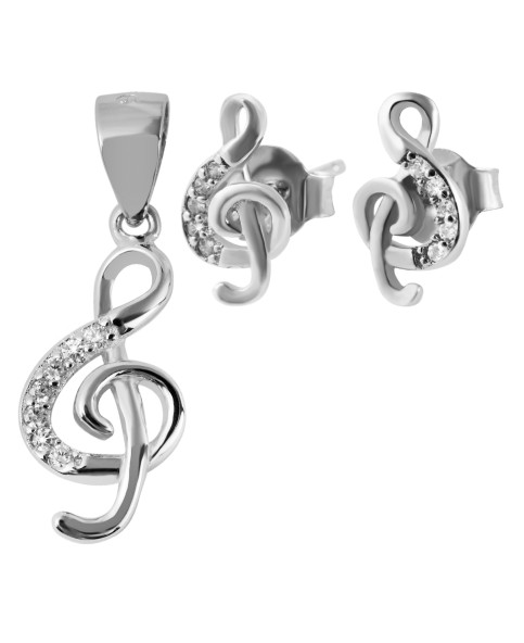 Set van oorbellen en hanger in de vorm van een g-sleutel en zirkonium in gerhodineerd 925 zilver