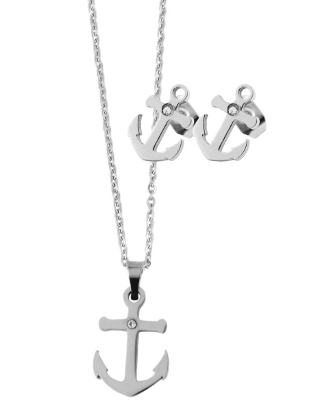 Set of earrings and anchor pendant with chain in stainless steel and Cubic Zirconia