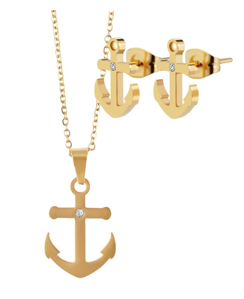 Set of earrings and anchor pendant with gold stainless steel chain and zirconium oxide