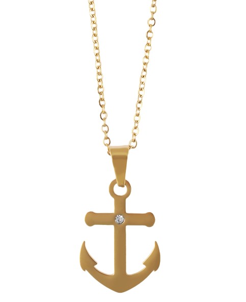 Set of earrings and anchor pendant with gold stainless steel chain and zirconium oxide