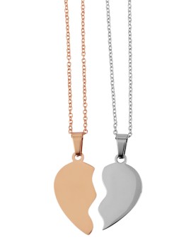 Necklaces with chains and half-heart pendants in shiny stainless st...