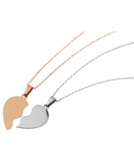 Halsband med kedjor och halvhjärtshängen i glänsande rostfritt stål och gyllene stål