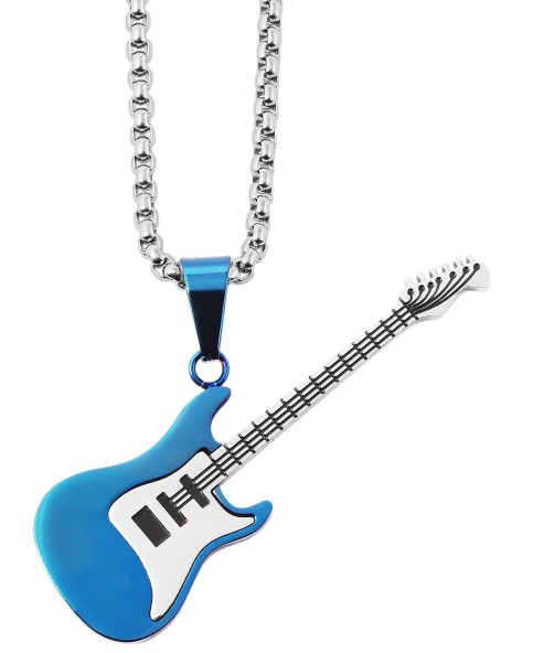 Collar con colgante de guitarra eléctrica de acero inoxidable, color plata/azul
