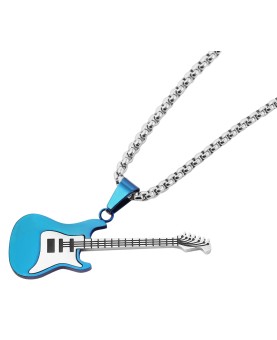 Collier chaîne avec pendentif guitare électrique en acier inoxydable, couleur argent/bleu