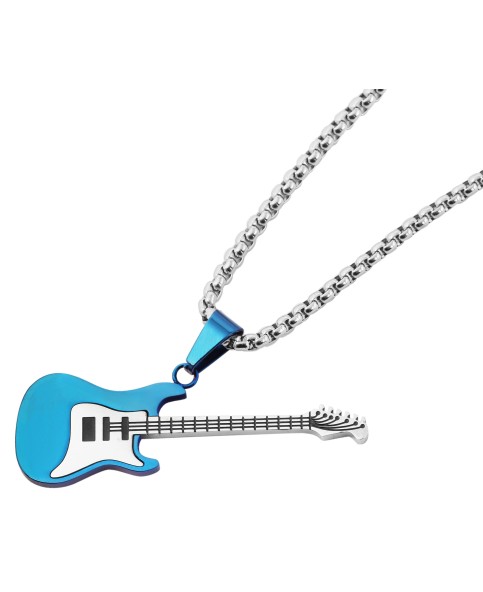Collier chaîne avec pendentif guitare électrique en acier inoxydable, couleur argent/bleu