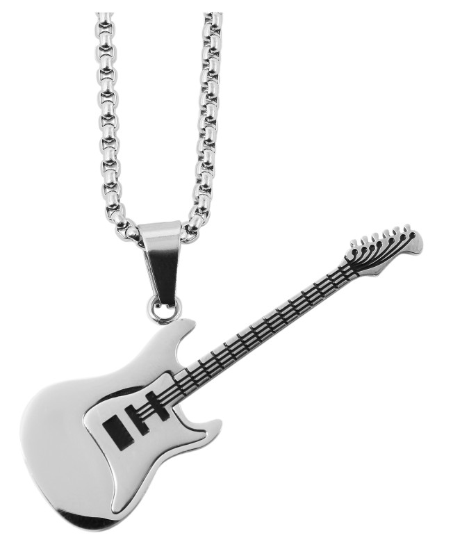 Collar con colgante de guitarra eléctrica en acero inoxidable, color plata