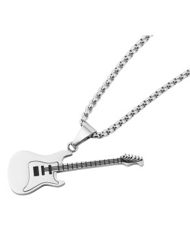 Collier chaîne avec pendentif guitare électrique en acier inoxydable, couleur argent/noir