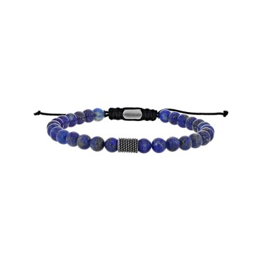 Treated Lapis lazuli ball bracelet and striated steel tube bead, adjustable cord 28 cm maxi 318594B One Man Show 36,90 €