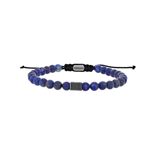 Bracelet boules Lapis-lazuli traité et perle tube acier strié, cordon réglable 28 cm maxi