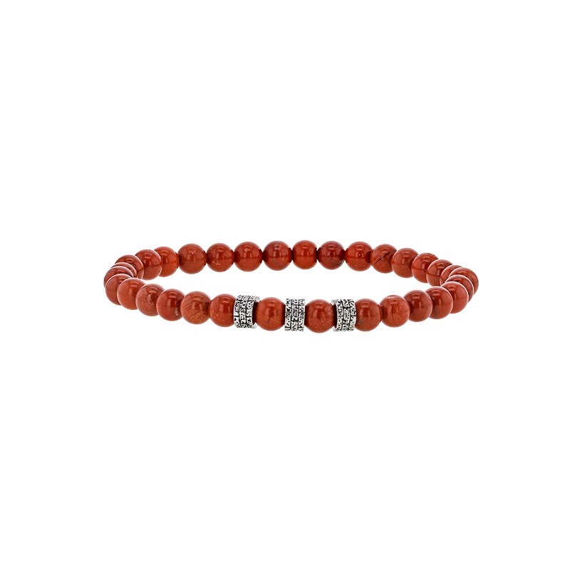 Bracelet boules Jaspe rouge et perles acier ciselé, élastique 19 cm