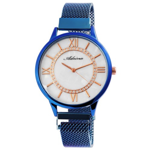 Adrina women's watch with Roman numerals and blue mesh bracelet