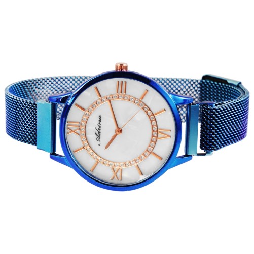Damski zegarek Adrina z cyframi rzymskimi i niebieską bransoletą z siatki
