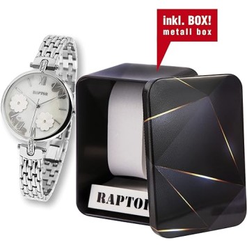 Montre Raptor Malva RA10204-001 pour femme, bracelet maille en acier inoxydable, cadran fleurs gris bleu et strass RA10204-00...