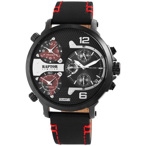 Raptor Limited RA20130-001 Kvartsklocka för män med äkta läderrem och 3 tidszoner