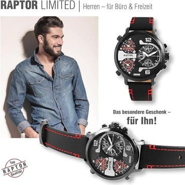 Raptor Limited RA20130-001 Men's Quartz Watch with Genuine Leather Strap and 3 Time Zones