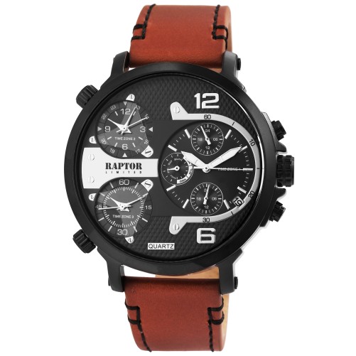 Męski zegarek kwarcowy Raptor Limited RA20130-006 z paskiem z prawdziwej skóry i 3 strefami czasowymi