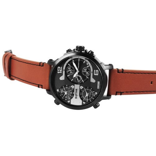 Męski zegarek kwarcowy Raptor Limited RA20130-006 z paskiem z prawdziwej skóry i 3 strefami czasowymi