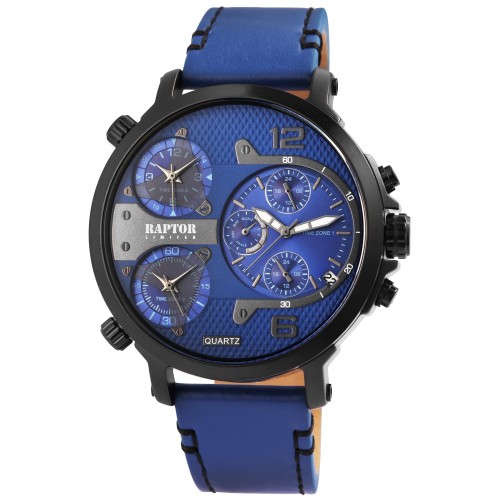 Raptor Limited RA20130-007 Men's Quartz Watch with Genuine Leather Strap and 3 Time Zones