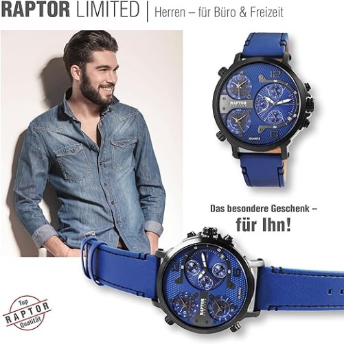 Raptor Limited RA20130-007 Kvartsklocka för män med äkta läderrem och 3 tidszoner