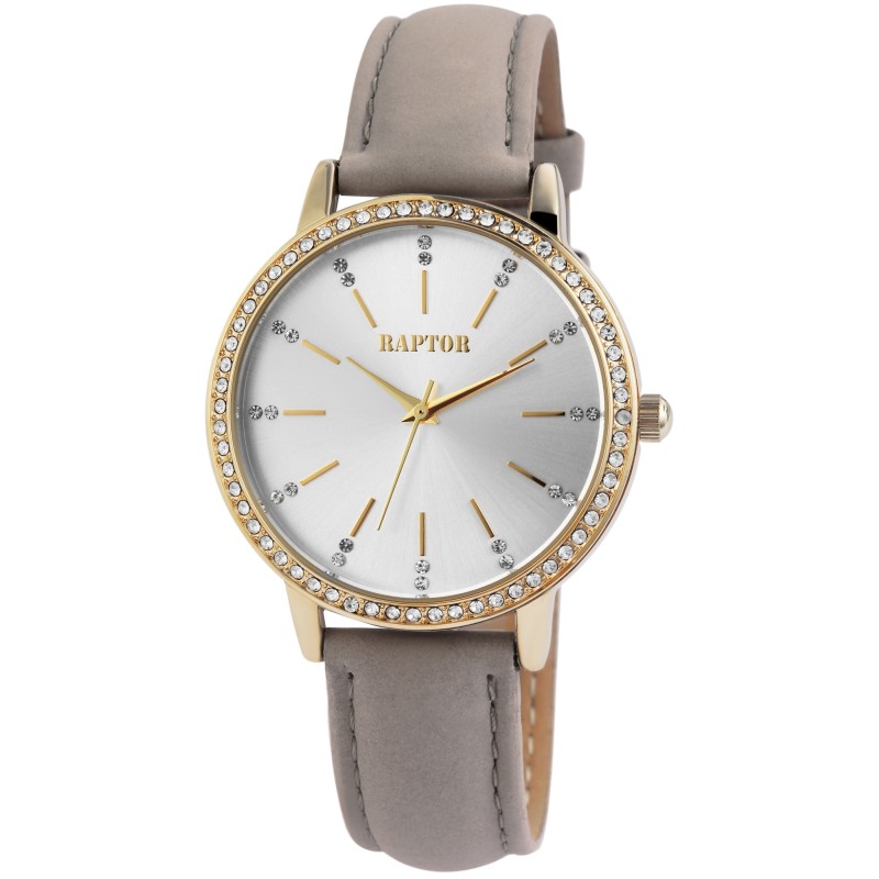 Reloj Raptor RA10176-004 Brilliance para mujer, correa de piel auténtica, color gris topo/dorado y pedrería brillante