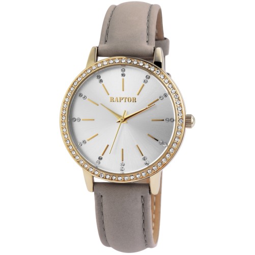 Raptor RA10176-004 Brilliance Women's Watch, Genuine Leather Strap, Taupe/Gold Color and Sparkling Rhinestones