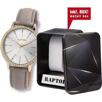 Montre Raptor RA10176-004 "Brilliance" pour femme, bracelet en cuir véritable, couleur taupe/doré et strass scintillants RA10...