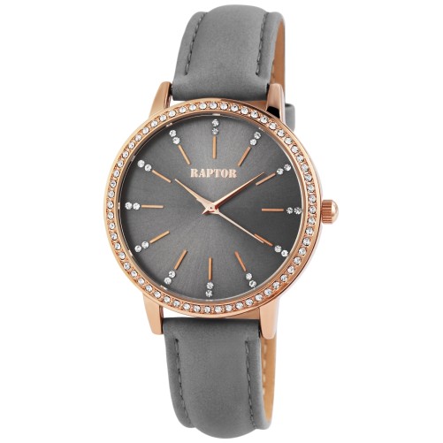 Raptor RA10176-006 "Brilliance" women's watch, genuine leather strap, gray/rose gold color and sparkling rhinestones RA10176-...