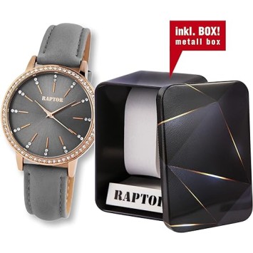 Orologio da donna Raptor RA10176-006 "Brilliance", cinturino in vera pelle, colore grigio/oro rosa e strass scintillanti RA10...