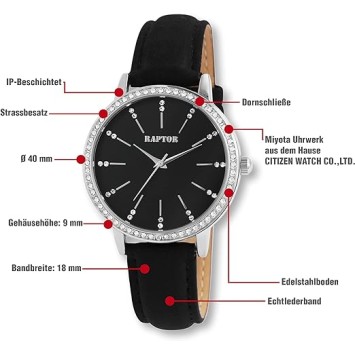 Raptor women's watch with black genuine leather strap and sparkling rhinestones RA10176-003 Raptor 39,95 €