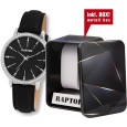 Raptor women's watch with black genuine leather strap and sparkling rhinestones